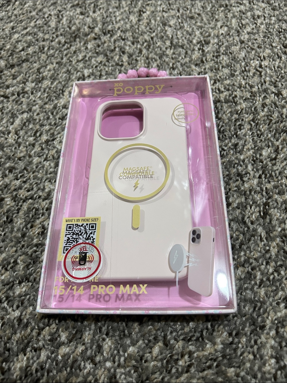 Poppy MagSafe-Compatible iPhone 15/14 Pro Max Case in White with Pink Trim